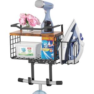 Ironing Board Hanger Wall Mount, 2-Layer T&Y Iron Board Holder with Ironing Caddy, Metal Ironing Board Holder Storage Organizer, Floating Wood Shelf for Laundry Room Decor Accessories Organization