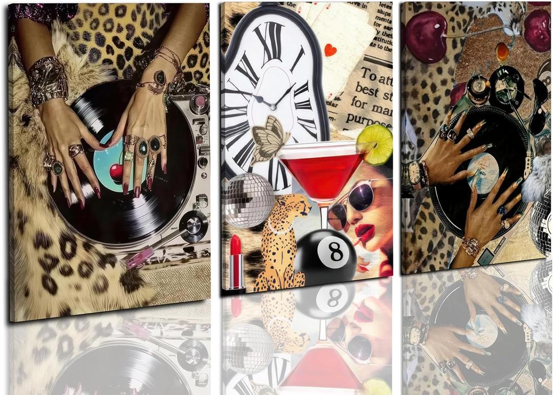 3 Pcs Leopard Wall Art , Black Woman Cheetah Print Room Posters Print Lucky 8 Ball Art, Funky Women's Aesthetic Room Pictures Girls Dorm Canvas Wall Art Decor for Dorm, Apartments, Bathroom, Bedroom 12*18 in