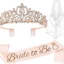 3 Packs Bachelorette Party Decorations Kit, Bridal Shower Crown/Tiara, Bride to Be Sash&Veil for Women Bachelorette Party Gifts, Bridal Shower Party Supplies (Rose Gold)