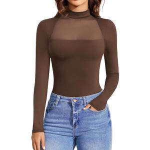 Avidlove Bodysuits for Women Mock Neck Shapewear Body Suit Long Sleeve Leotard Mesh Going Out Tops Concert Outfits (Small, Brown)