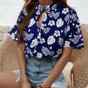 Women Hawaiian Shirt Soft Cool Summer Hawaii Tshirts Beach Tropic Print V Neck Button up Tops Floral Short Sleeve Tops (Blue, XXL)