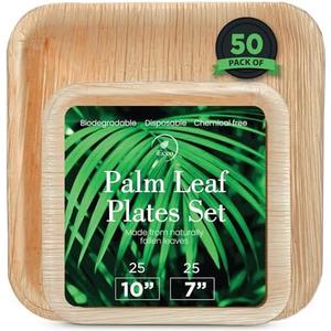 iEcco Palm Leaf Plates 50 Pack - 10 Inch & 7 Inch Bulk Party Bamboo Paper Plates Disposable - Eco-Friendly Compostable, Biodegradable Bamboo Dinner Plate - Sturdy Palm Plate