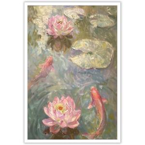 Koi Pond Canvas Wall Art Japanese Botanical Gardens Poster Vintage Pink Lotus Fish Print Japanese Home Wall Decor For Home Bedroom Dorm Bar Cart Wall Decor 12x16in Unframed