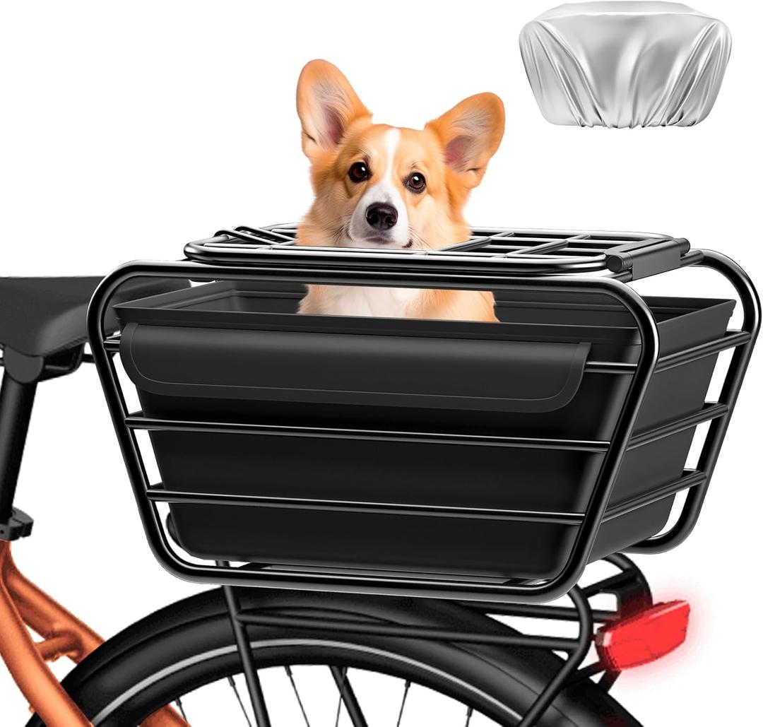 Bike Rear Basket with Liner & Waterproof Cover Large Capacity Cargo Rack | E-bike rear basket with liner waterproof cover and pet safety cover large cargo storage for groceries pets commuting, Small