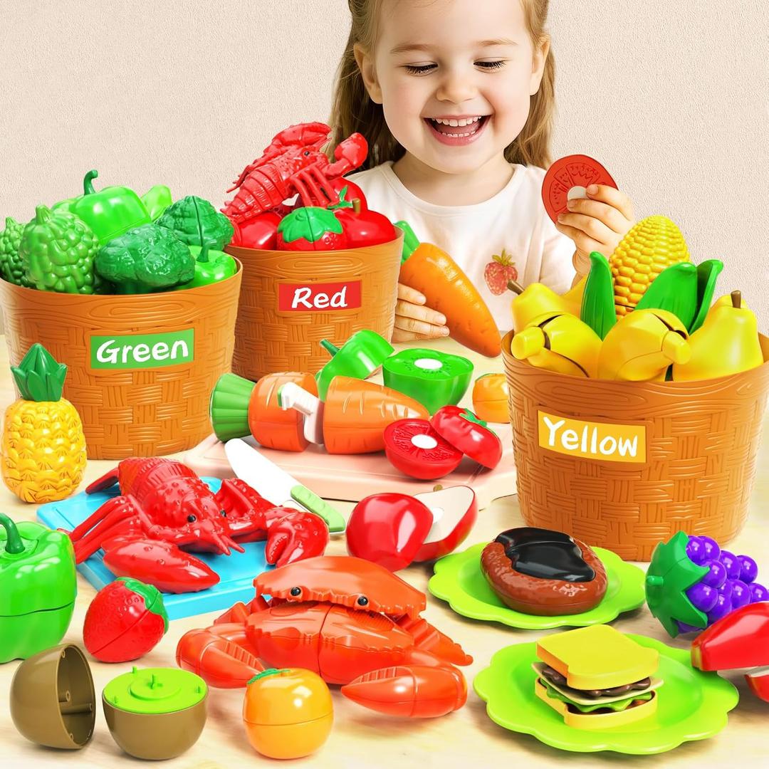 Toddler Toys Play Food Set, Learning Toy Cutting Food with Color Sorting Basket, Pretend Play Kitchen for Toddler 1-3 Preschool Learning Activities Montessori Toys for 1 2 3 Year Old Toddlers Kids