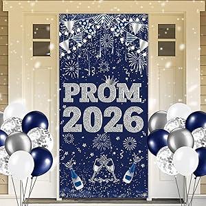 Prom Night 2026 Grad Theme Porch Sign Banner Graduation Party Decoration Class of 2026 Door Decoration Prom Send Off Hanging Banner Congrats Grad Photo Booth Prop for High School Navy Blue and Silver
