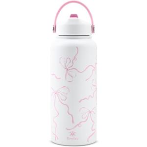 32 oz Insulated Water Bottle with Straw, Bow Water Bottle Stainless Steel with Flip Straw and Handle, Leak Proof, Metal, Reusable, Wide Mouth, for Travel, Gym and School (Breeze Pink Bow)