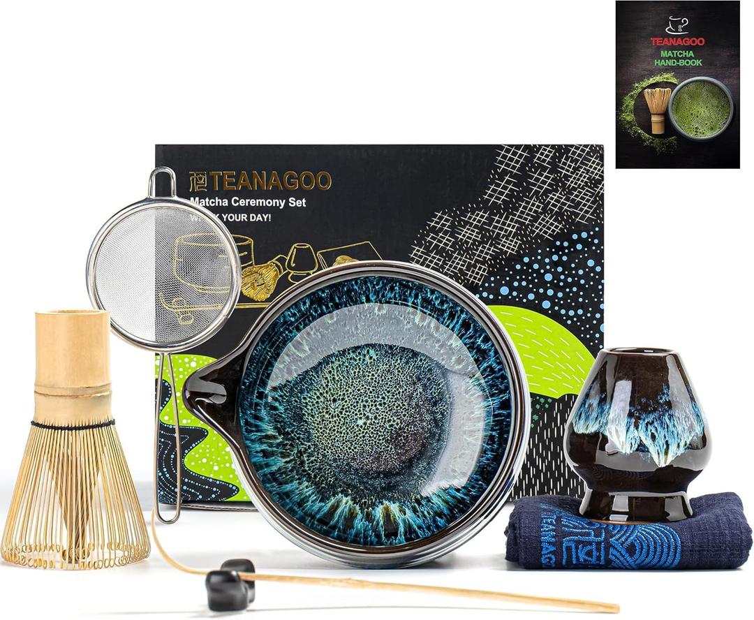 TEANAGOO Matcha Whisk Set, 7 Pcs Matcha Set Blue, Matcha Kit for Ceremony, Matcha Tea Set for Making Breakfast/Latte, Ceramic Matcha Bowl(chawan) whith Spout and Whisk, Gift for Friend/Family (Junware-Green Pro)