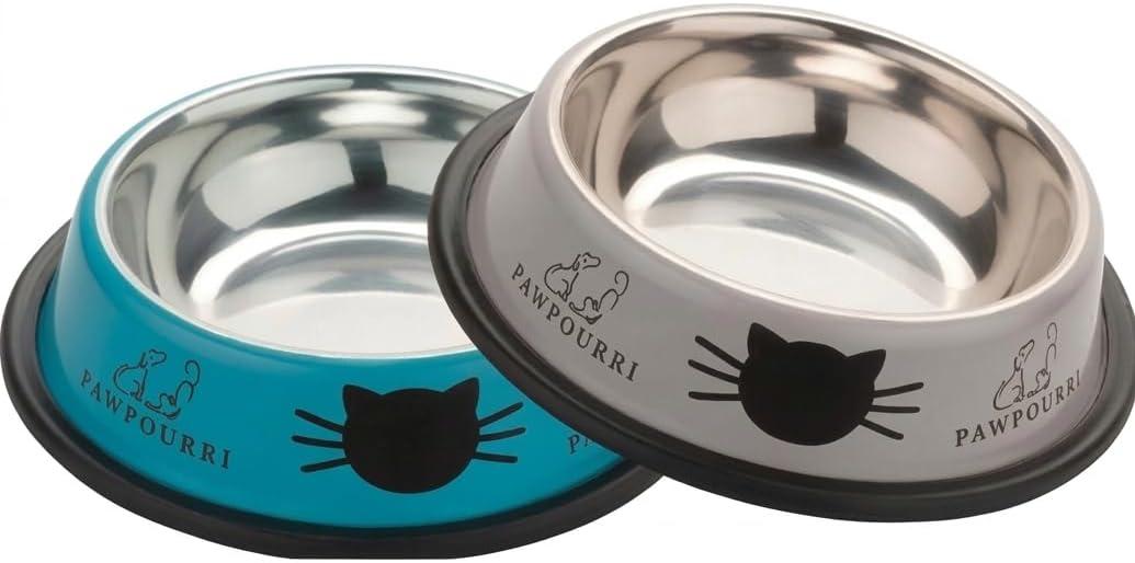 2 Pack Printed Stainless Steel Cat Bowls  8.1 fl oz Anti-Skid Food & Water Cat Feeding Bowls|Cat Dish for Food and Water Bowl|Cat Feeding Bowl for Kitten (Blue & Grey)