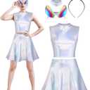 SOMSOC Alien Costume Metallic Top Sleeveless Crop Tank Top Pleated Skirt with Headband Glasses Glitter for Halloween Cosplay (Small)