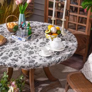 ARTABLE Round Fitted Tablecloth with Elastic Waterproof Oli Proof Table Cover Rustic Wipeable Table Protector for Home Picnic Outdoor (Black Flower, 48 Inch Round)