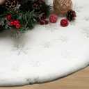 Faux Fur Christmas Tree Skirt 36 Inch, Luxury White Plush Tree Skirt with Silver Embroidered Snowflakes, Thick Xmas Tree Mat for Holiday Decorations (Silver, 36")