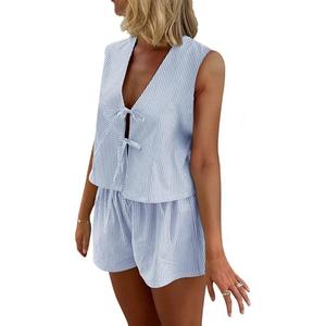 Thopavenoir Women Y2k 2 Piece Pajamas Outfits Sleeveless Bow Tie Front Tank Tops Vest +Stripe Peplum Shorts 2Pcs Lounge Sets Medium, Light Blue  