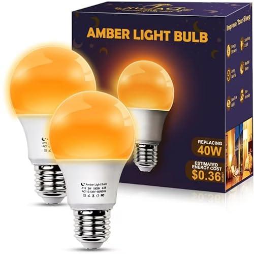 DALUXshop Amber Sleep Light Bulbs, Blue Light Blocking, A19 3W(40 Watt Equivalent) Dim Light Bulbs for Lamp, 1800K Warm Light Bulb, E26 for Healthy Sleep, Bedroom, Kids Room, 2 Pack