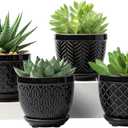 Sureasy Ceramic Plant Pots, 4.7 Inch Flower Pots for Indoor Plants, Succulent Pots with Saucer and Drainage Hole, Decorative Planter for Succulent, Cactus, Set of 4, Black