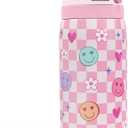 Checkered and Smiley Face Stainless Steel Water Bottle, Vacuum Insulated, Push-Button Lid, 32 oz, Gifts for Women Girls Friends Teens Birthday Christmas