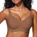 Womens Full Coverage Wire Free Bra - Plus Size Bras with Support and Lift Scalloped Everyday Comfort Bralettes (Brown)