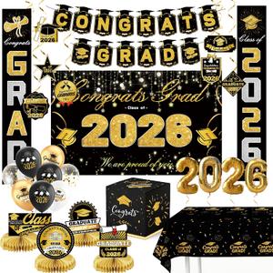 Graduation Decorations 2026-Black and Gold Party Supplies,Class of 2026 Backdrop,Congrats Grad Banner,Tablecloth,Porch Banner,Balloons & Grad Card Box for College High School