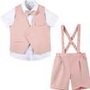 LOLANTA Boy Dress Short with Vest Adjustable Suspenders Cotton Shirt Summer Outfits Boys Tuxedo Suit Set (Pink, 4-5 Yrs)