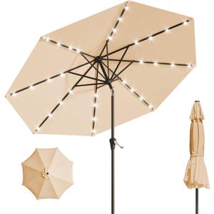 9FT Solar Umbrella 32 LED Lighted Patio Umbrella Table Market Umbrella w/Tilt and Crank Outdoor Umbrellas for Garden, Deck, Backyard, Pool and Beach, Khaki