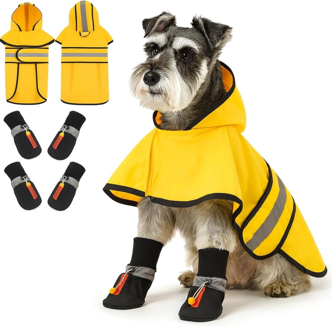 Dog Raincoat and Shoes for Weighing 10-22lbs, Spring Summer Waterproof Dogs Boots & Paw Protectors, Adjustable Pet Poncho with Leash Hole for Large Medium Small Dogs, Yellow (Single Side)