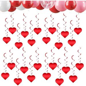Heart-Shaped Hanging Streamers, 24-Pack - Red Foil Ceiling Decor for Valentine's Day, Wedding & Party, Create Romantic Swirls & Heart Decorations