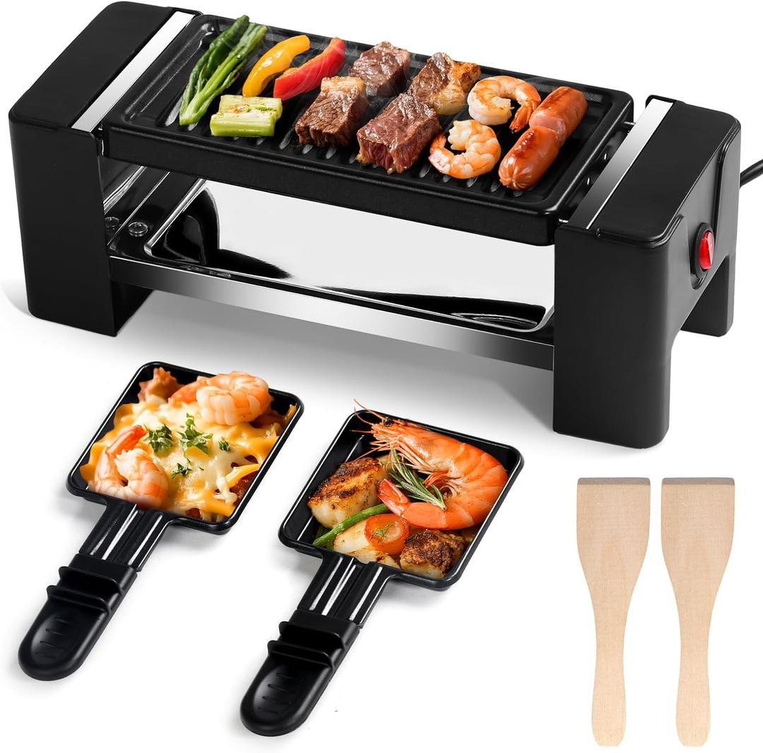 Electric Griddle Indoor Grill Small Korean BBQ Grill, Mini Electric Grill Outdoor with 2 Raclette Cheese Pan for Indoor Cooking NonStick Removable Plate, 350W Black Ideal for Home Apartment Cooking
