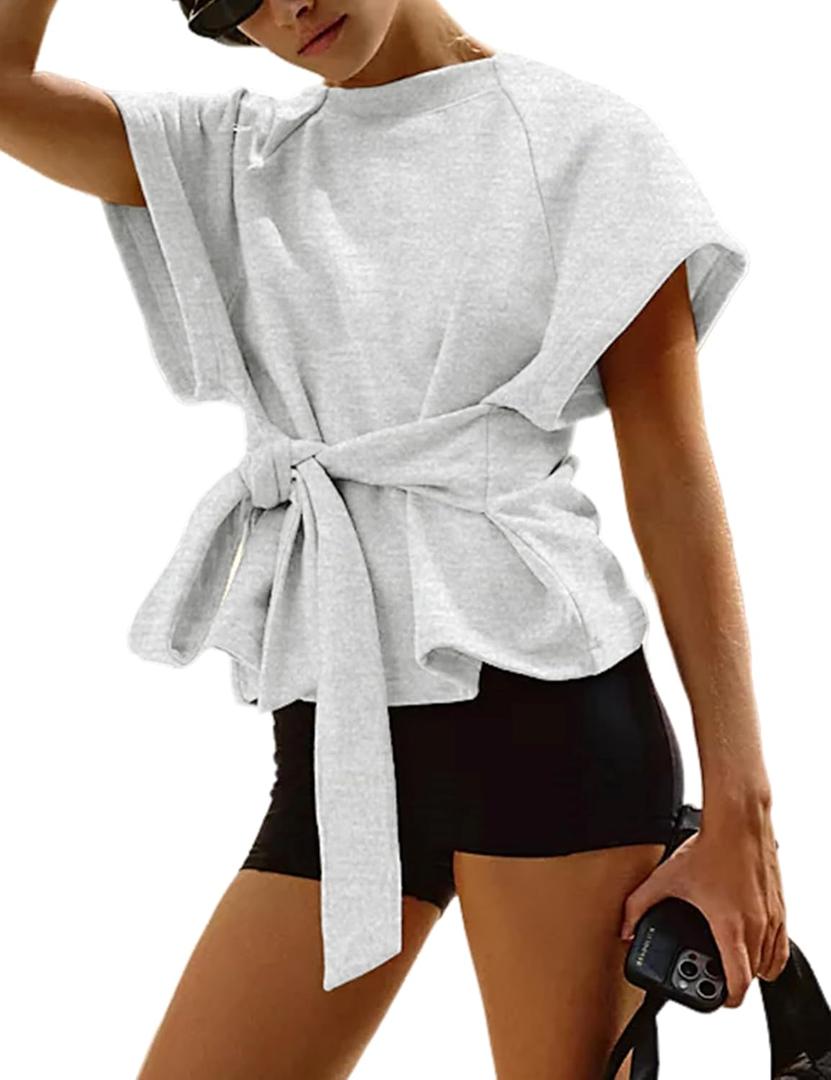 Zhiyouni Women's Summer Short Sleeves Tee T Shirt Crewneck Tie Knot Tops Sweatshirt, XS