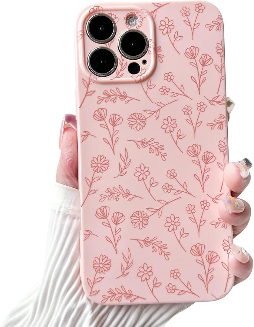 NITITOP Compatible with iPhone 16 Pro Case Cute for Women Girl Vintage Flower Floral Leaves Pattern Trendy Slim Fit TPU Silicone Shockproof Girly Fashion Protective Phone - Pink