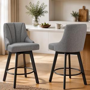 24" Counter Height Bar Stools Set of 2, Swivel Bar Stools with Backs, Fabric Upholstered Counter Barstools with Solid Wood Legs for Kitchen Island,Grey