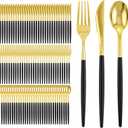 I00000 300Pcs Black Plastic Silverware, Happy New Year Gold Disposable Silverware, Black and Gold Plastic Utensils Include 100 Forks 100 Knives 100 Spoons,Disposable Cutlery for Wedding