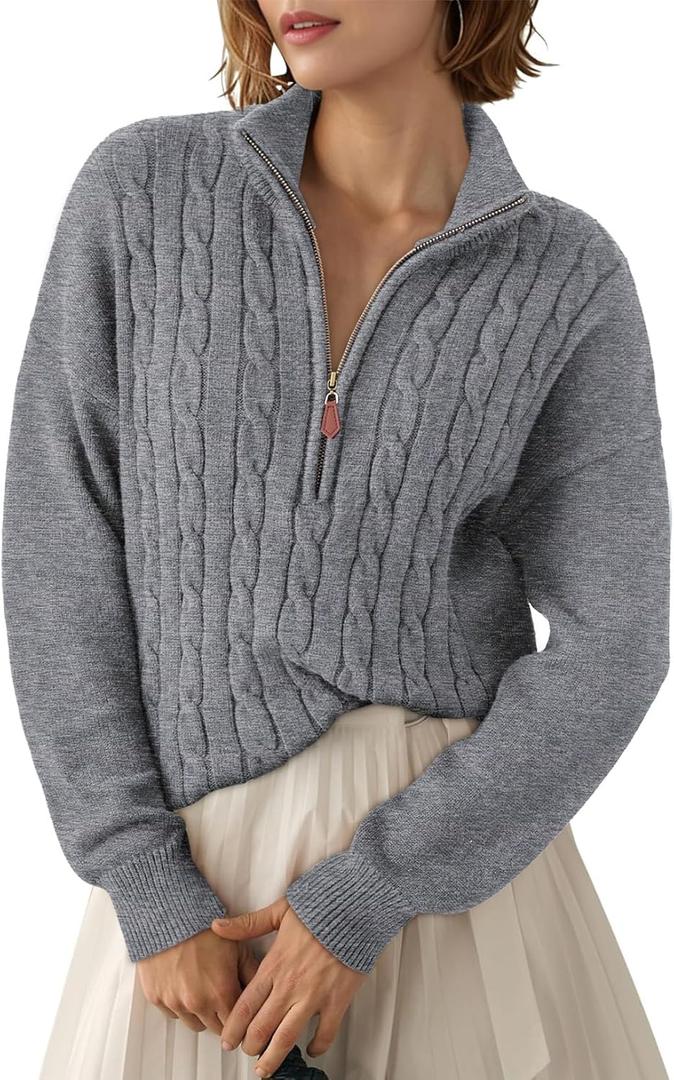 Dokotoo Women's Sweaters 2025 Fall Winter Quarter Zip Casual Ribbed Knitwear Pullover (Large, Medium Grey)