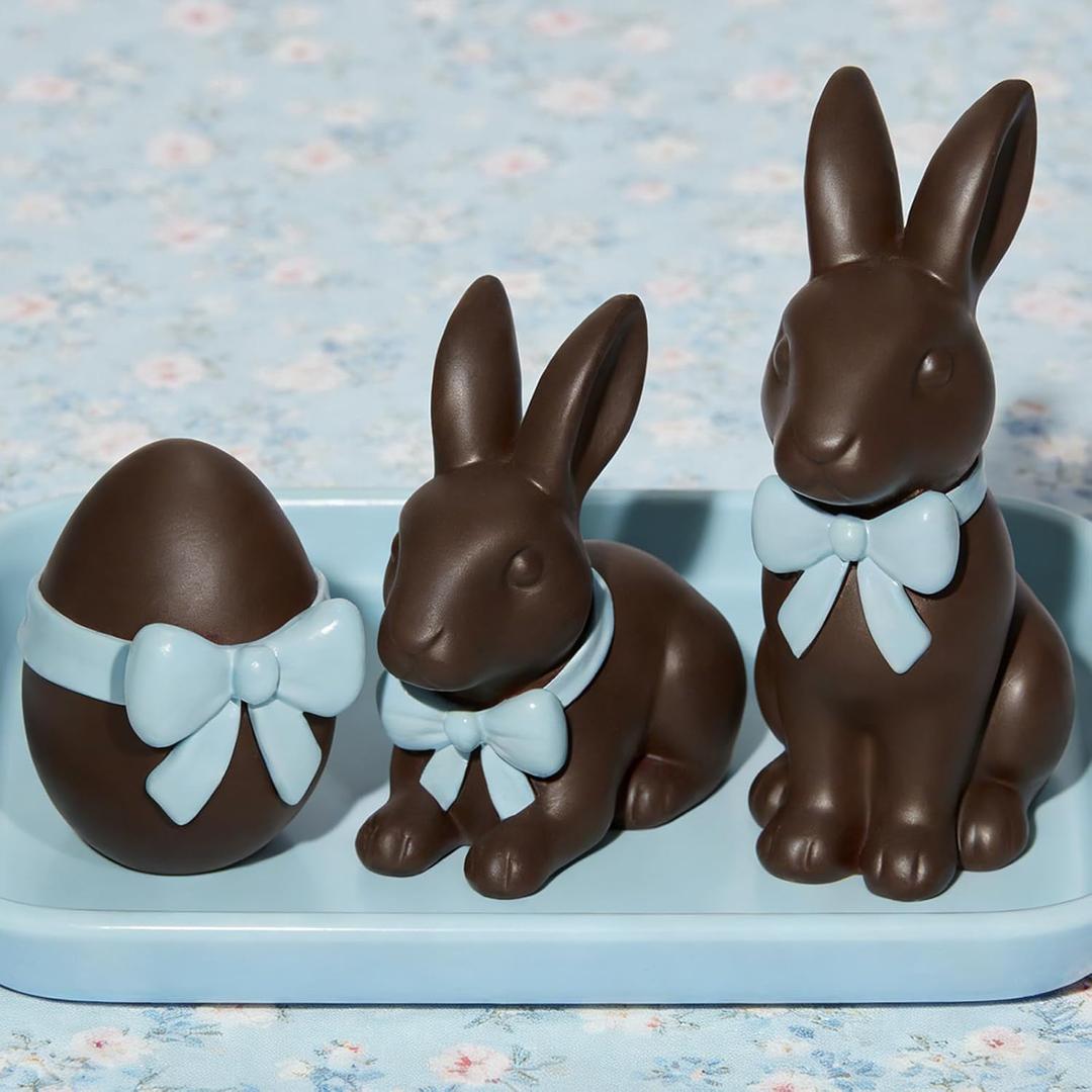 DN DECONATION Easter Decorations Bunny & Egg Figurines Set with Bow, Rabbit Egg Statues for Cute Brown Easter Spring Decor & Farmhouse Home Decor, Resin Tabletop Sculptures for Shelf Coffee Table (Brown and Blue)