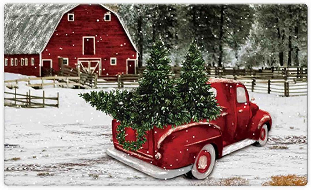Morigins Winter Red Truck Farmhouse Door Mat Christmas Winter Indoor Rubber Outdoor Mats 18x30 inch