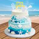 34Pcs Beach Cake Topper Set, Under the Sea Theme Decorations with Golden Happy Birthday Sign, Ocean Seashells Starfish Conch for Summer Birthday Party Supplies