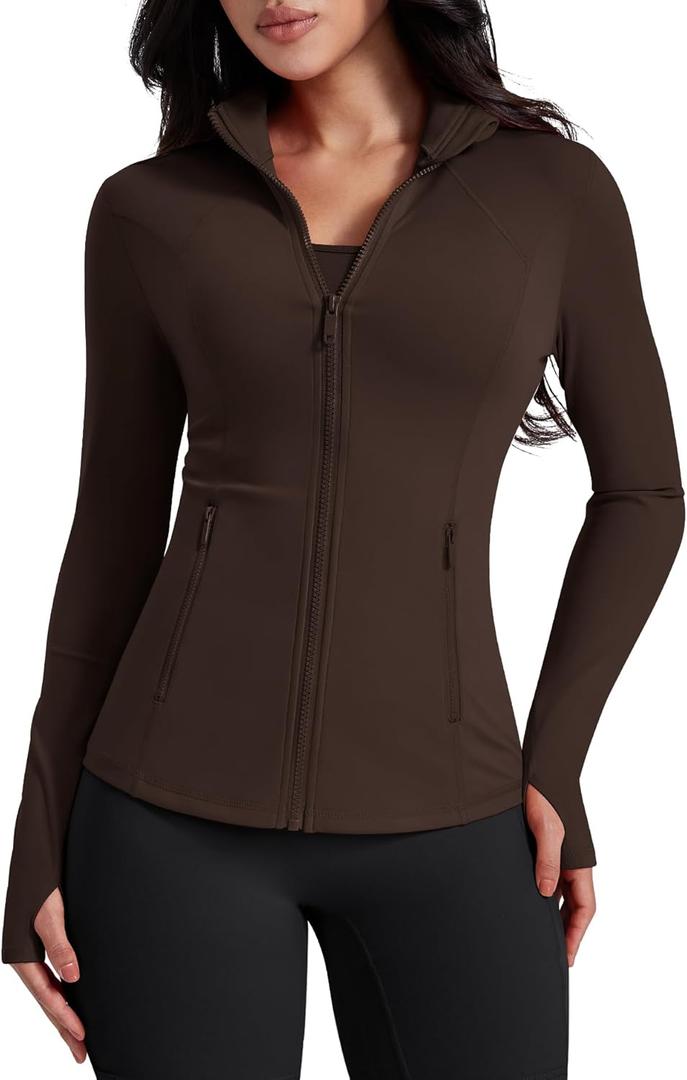AVGO Womens Workout Jackets Lightweight Athletic Zip Up Jacket Slim Fit Running Gym Top with Pockets & Thumb Holes (Brown, M)