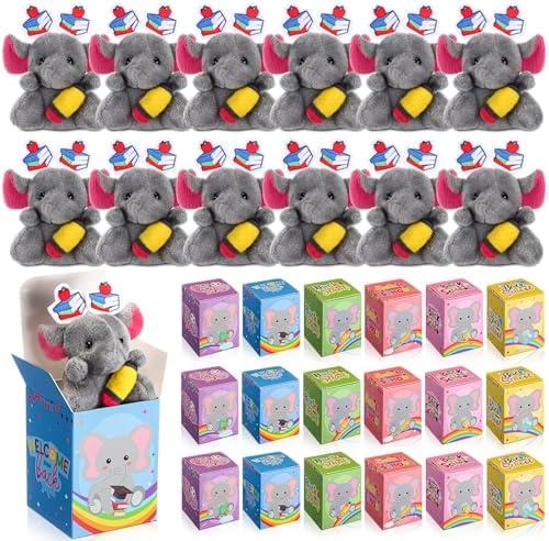 Blueweenly 24 Pcs Welcome Back to School Gifts for Students Mini Stuffed Animal Keychains Bulk Little Plush Toys with Box for First Day of School Classroom Party Gift for Goodie Bag Fillers(Elephant)