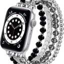 MOFREE Beaded Bracelet Compatible with Apple Watch Band 38mm/40mm/41mm/42mmSeries 10 9/8/7/SE/6/5/4/3/2/1 Women Fashion Handmade Elastic Stretch Strap for iWatch Bands Replacement (Black-Silver)