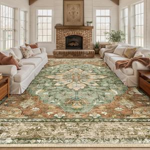 Area Rugs 10'x14' Washable Non-Slip, Floral Vintage Distress Print Pattern Medallion Carpet for Living Room Bedroom Dining Room, Brick Red Rust Neutral Brown Burnt Orange Green