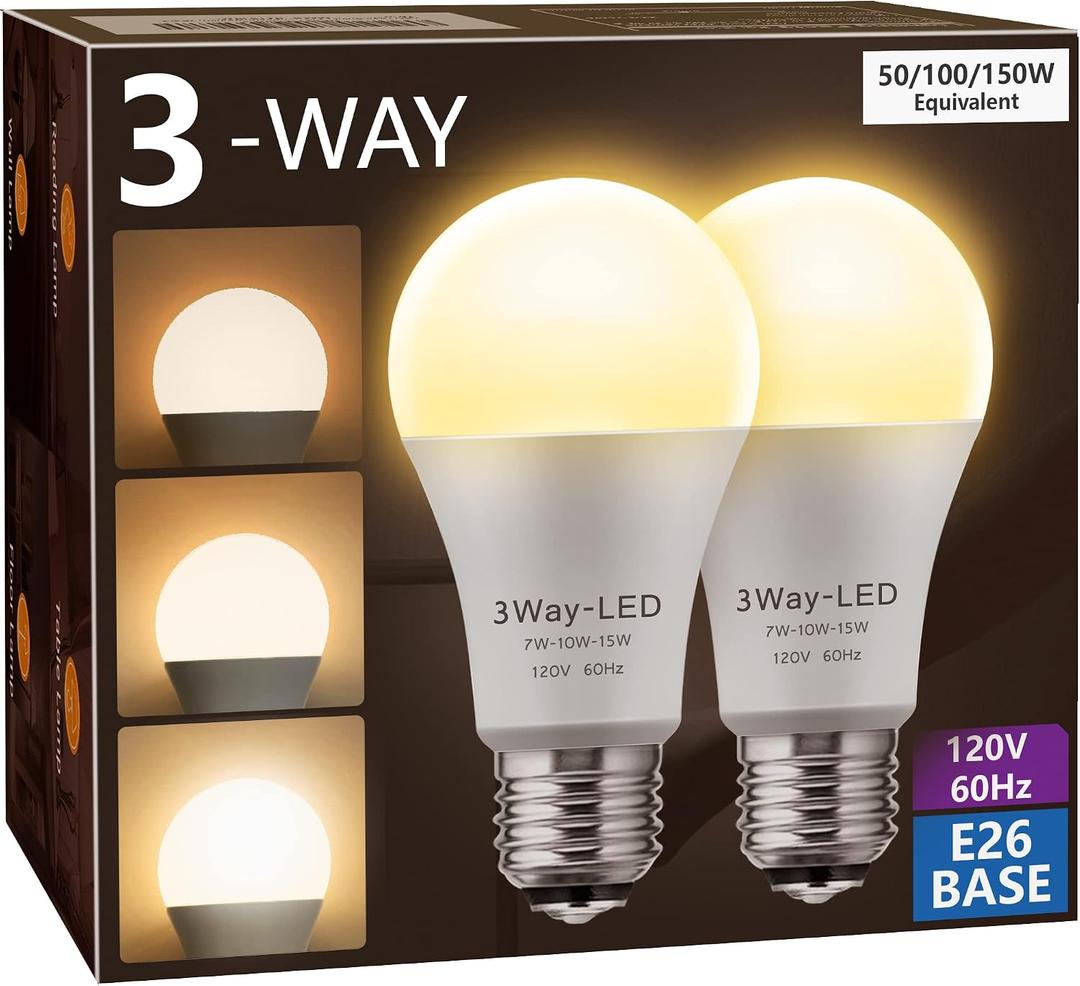 Briignite LED Light Bulbs, 3 Way LED Light Bulbs 50 100 150W Equivalent, 3 Way Light Bulb, Three Way A19 Light Bulbs E26 Medium Base, Warm White 3000K, 500lm-1000lm-1500lm, 2 Pack