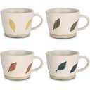 Leaf Mug, 11 oz Ceramic Coffee Cup for Tea Latte Cappuccino, Cute Unique Stoneware Teacup with Handle (Set of 4, Green Blue Yellow and Brown)