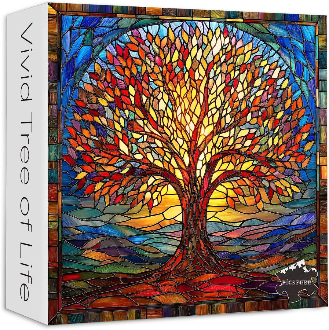Mosaic Tree of Life Jigsaw Puzzles 1000 Pieces, PICKFORU Colorful Stained Glass Puzzles for Adults, Impossible Hard Plant Art Theme, Challenging for Adults