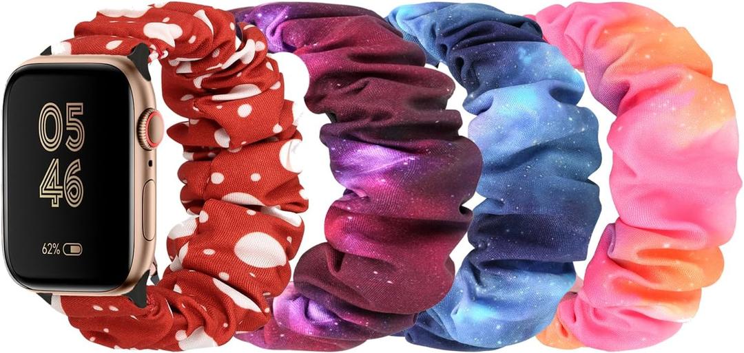 4 Packs Scrunchie Band Compatible with Apple Watch 38mm 40mm 41mm 42mm 44mm 45mm 49mm,Cute Printed Elastic Bands Women Bracelet Strap for iWatch Series 8 7 6 5 4 3 2 1 SE Ultra (Polka Dot + Blue Stars + Pink Stars + Purple Stars)
