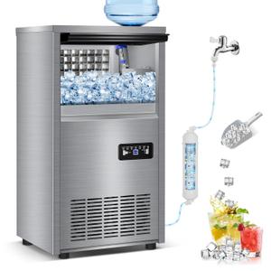 Commercial Ice Maker Machine with 2-Water Inlet Options, 40 lbs Storage Bin, 140 lbs/24H Built in Ice Machine, Stainless Steel Under Counter Freestanding Ice Maker for Home, Bar, and Restaurant