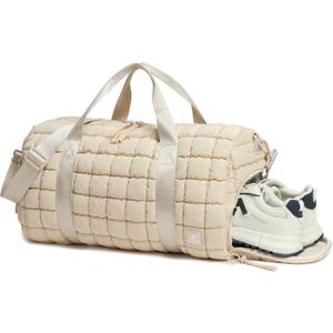 Quilted Duffel Bag for Women, Puffer Gym Duffle Bag with Shoe Compartment Lightweight Large Crossbody Sport Bag Travel Tote Beige