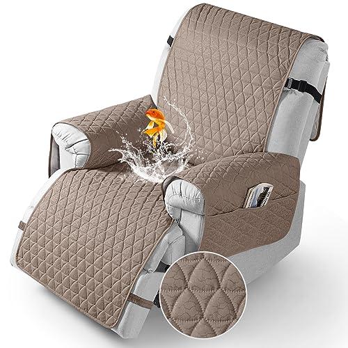 TAOCOCO 100% Waterproof Recliner Cover - Recliner Chair Cover with Non-Slip Granule, Elastic Band, Storage Pockets (Taupe, Large-28'')