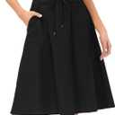 KANCY KOLE Women Casual Cotton Linen Skirts Frill Tie Waist A-Line Midi Skirt with Pockets (Black, L)