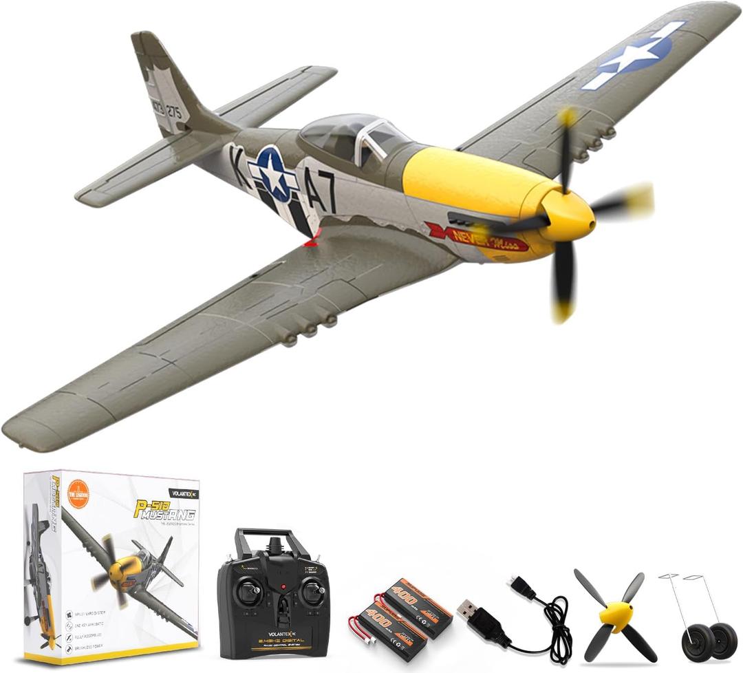 VOLANTEXRC Brushless 4CH RC Plane P51D Mustang 500mm Remote Control Airplane Fighter RTF with 6-Axis Gyro, 3 Modes & Aerobatics, 2.4GHz Radio Controlled Aircraft for Beginners, Boys & Adults (Yellow Brushless P51)