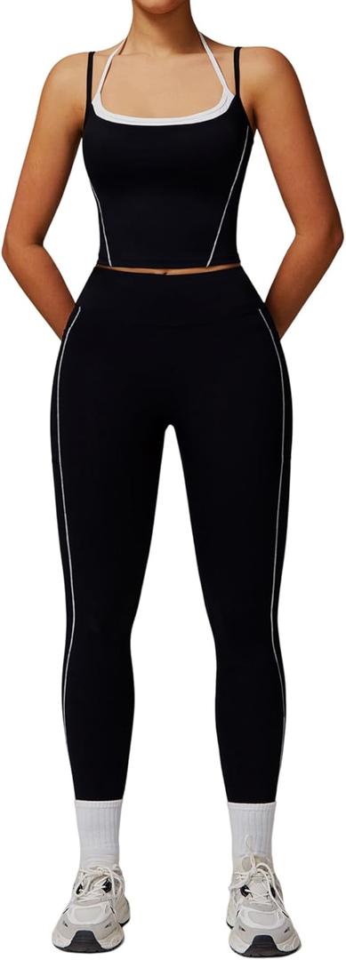 Womens Workout Sets Two Piece Spaghetti Straps Tank Top Matching High Waist Leggings Gym Work Out Outfits with Pockets (Large, Black)