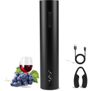 Wine Opener Electric Rechargeable, Rechargeable Battery Operated Wine Bottle Opener with Foil Cutter, One-click Corkscrew Remover for Home, Kitchen, Party, Wedding - Black
